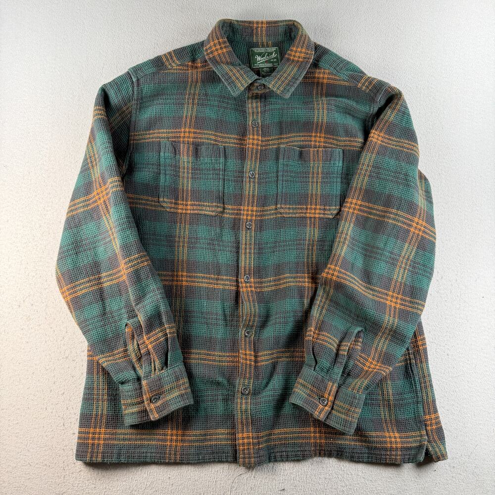 Woolrich Men's XL Green Orange Plaid Waffle Knit Long Sleeve Button Up Shirt